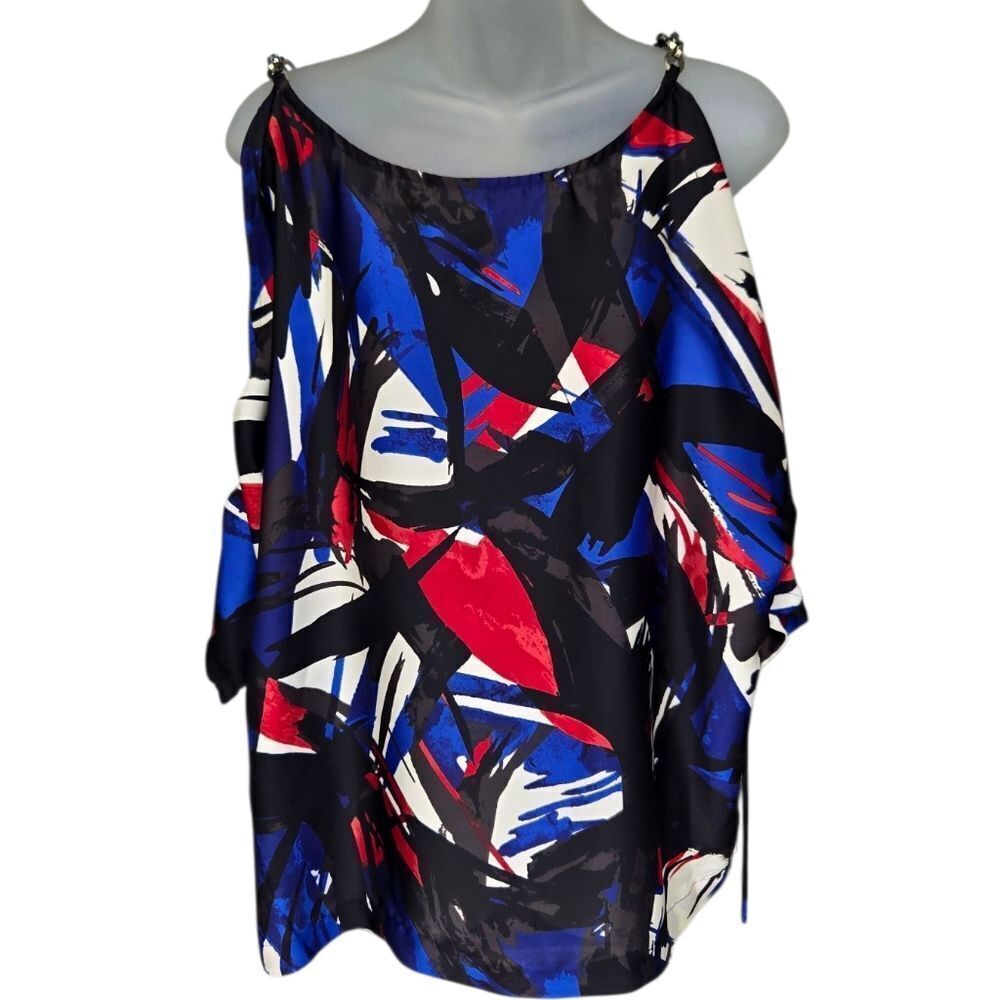 Michael Kors Abstract Print Cold Shoulder Blouse Chain Detail Sz Small